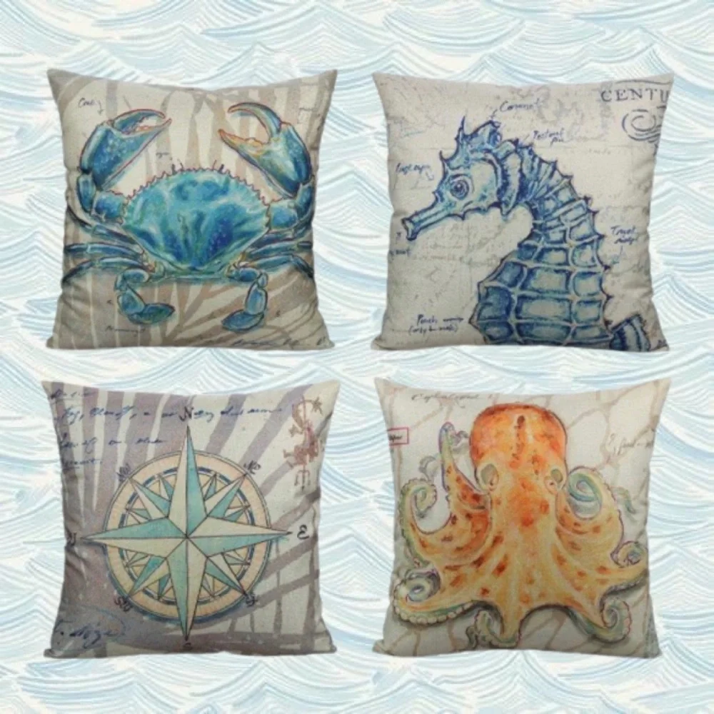 Luxury Home | Set of 4 Nautical Blue Coastal Sea Creature Throw Pillow Covers